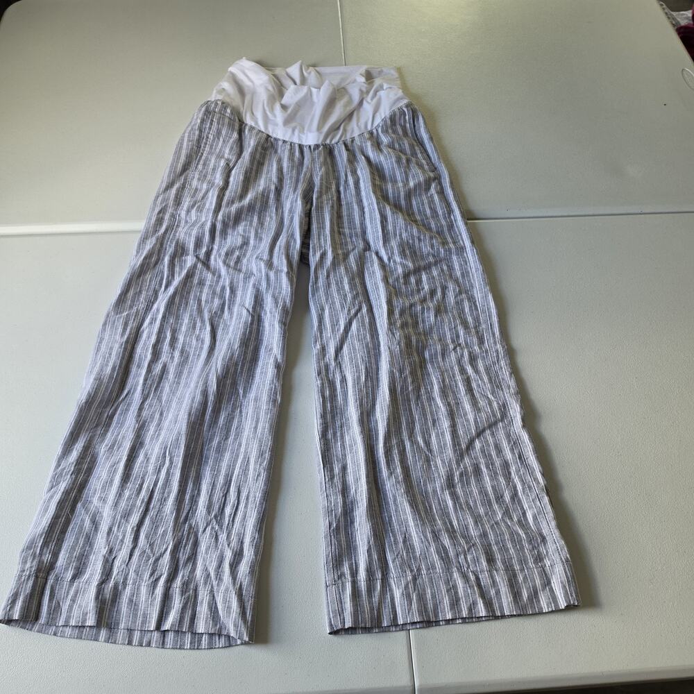 Old Navy Pants Womens L Gray Striped Linen Wide Leg Maternity Pull On Casual